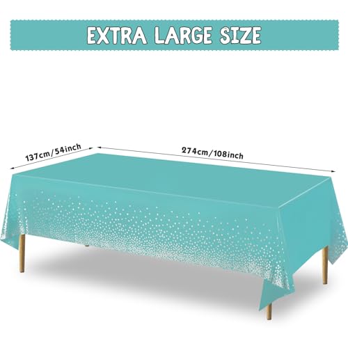 Image of Breling 6 Pcs Teal Blue and Silver Dot Tablecloth Plastic Confetti Rectangle Disposable Table Cover for Birthday Wedding Baby Shower Engagement Anniversary Bachelorette Party, 54 x 108 Inch