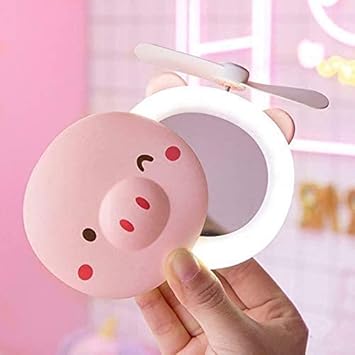 EYUVAA LABEL Cute Mini Portable Handheld Fan with LED Fill Light Makeup Mirror,USB Rechargeable Battery Operated Electric Personal Fan for Office, Home, Traveling, Outdoor (Pig)