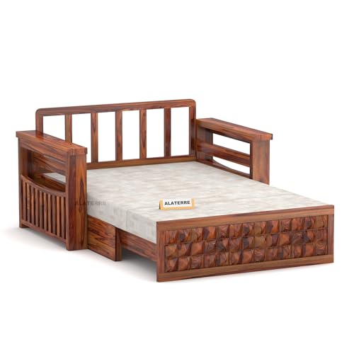 Image of Sheesham Wood 2 Seater Diamond Sofa Cums Bed with Storage and Side Pockets for Living Room | Rosewood Sofa Cums Bed (Honey)