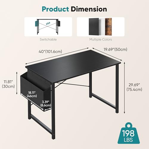 Image of OLIXIS Small Computer Desk, 40 Inch Gaming Desks for Home Office | Writing Study Craft Work Table, Computer Workstation for Bedroom Small Spaces with Storage Bag, Black