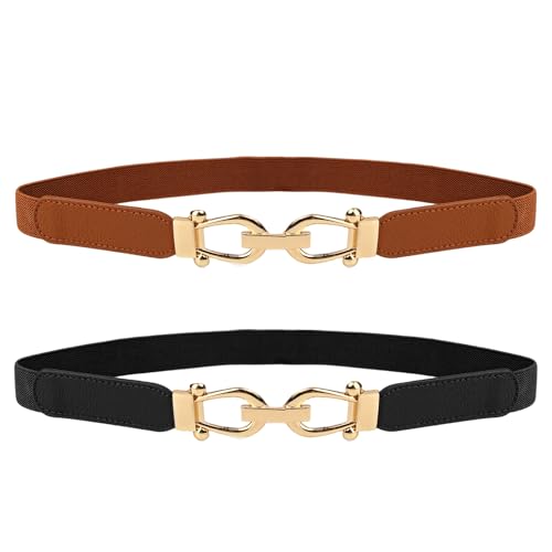 MUKINGBELTS Women Stretchy Thin Waist Belt Retro Elastic Skinny Belt with Gold Buckle for Ladies Perfect for Dresses & Shirts 2 Pack