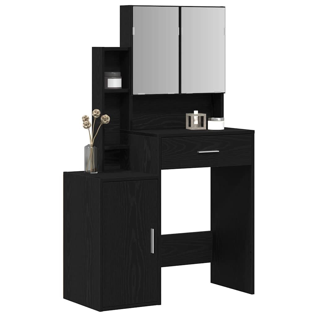 Schminktisch Schwarz Eichen-Optik Holzwerkstoff 80 x 35 x 132 cm mit Spiegel Schublade Stauraum und Ablage für Schlafzimmer Ankleidezimmer Make-up und Pflege
