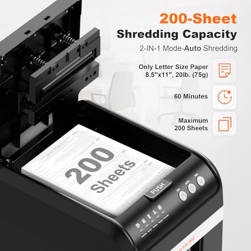Image of Bonsaii Paper Shredder Heavy Duty, 200-Sheet Auto Feed Micro-Cut 60 Minutes Nonstop P-4 High Security Shredders, 8.1 Gallon Large Bin Document Shredder for Office, Commercial Grade Shredder (C283-A)