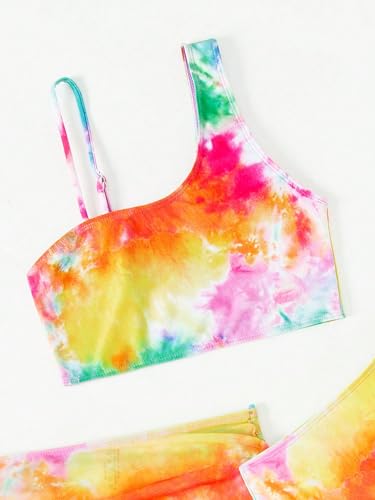 Image of OYOANGLE Girl's 3 Piece Bikini Swimsuit Tie Dye Beach Sports Bathing Suit with Beach Skirt Cover Up Multicolor 10Y