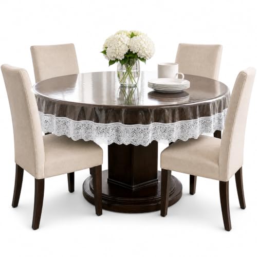 Image of CASA-NEST PVC Waterproof 4 Seater Round Table Cover with Lace (60inch, White,PVC, Pack of 1)