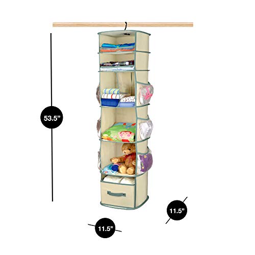 Smart Design 6-Tier Smart Carousel Organizer w/ 6 Pockets, Steel Metal Hook, & Foldable Drawer - 360 Degree Swivel - Clothing, Accessories, & Misc. Item Storage Organization (11 x 53.5 Inch) [Beige] - Thumbnail 5