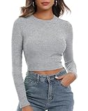 Artfish Women's Round Neck Long Sleeve Knit Ribbed Fitted Crop Top Casual Basic Shirts Heather Grey, S