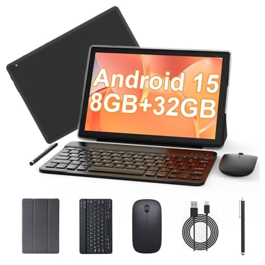 Android 15 Tablet 10 inch, 2 in 1 Tablet with Keyboard, 8GB RAM+32GB ROM Support 1TB Expandable Tablets PC, Quad-Core CPU, HD Screen, BT, WiFi, Long Battery Life Tablets with Case Mouse Stylus, Black