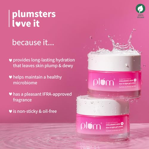 Image of Plum 1% Hyaluronic Acid & Bulgarian Rose ​Dew-It-Light Gel Moisturizer Cream​ 50g | 120 hrs Multi-Layer Hydration | Retains Moisture | Light, Oil-Free, Non-Greasy | Face Moisturiser for Women & Men | For All Skin Types |