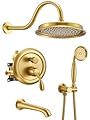 DASAN Brushed Gold Shower System with Tub Spout, Tub and Shower Faucet Combo Set with Valve & Trim Kit Bathtub Shower Faucet Set Bathtub Shower System with Rainfall Shower Head & Handheld, AT309W-BTG