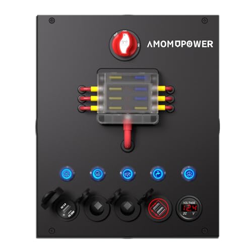 AMOMD POWER 12-24V Multi Functional Switch Control Box with Push Button Switch Fuse Holder Battery Disconnect Switch Anderson Plug Multiple Power Output Ports Outdoor Electrical System Integration