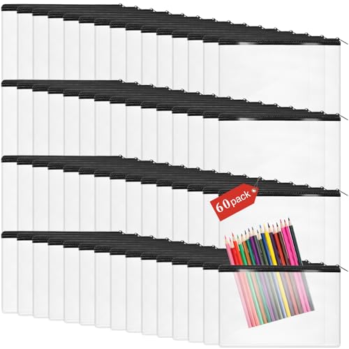Image of Feifeiya 60 Pcs Clear PVC Pencil Pouch Bulk 8.66 x 5.71 Inch Soft Pencil Case Bag Transparent Zipper Pouch for Study School Supplies Travel Storage (Black)