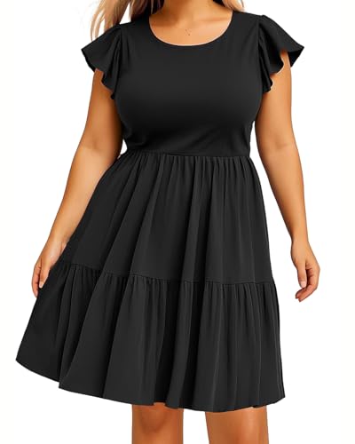 Women's Plus Size Casual Summer Tiered Flutter Sleeve Swing Short Babydoll Dress with Pockets4