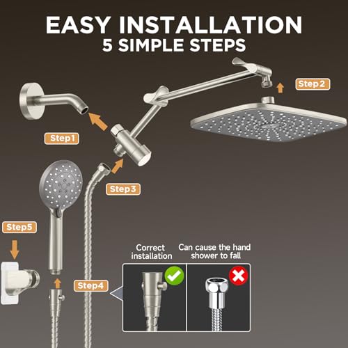 Image of Veken Wide Brushed Nickel Rain Shower Head with Handheld, High Pressure Rainfall Showerhead Combo with Arm for Bathroom Accessories, Home Decor, Detachable Dual Shower with Multi Modes Handheld Spray