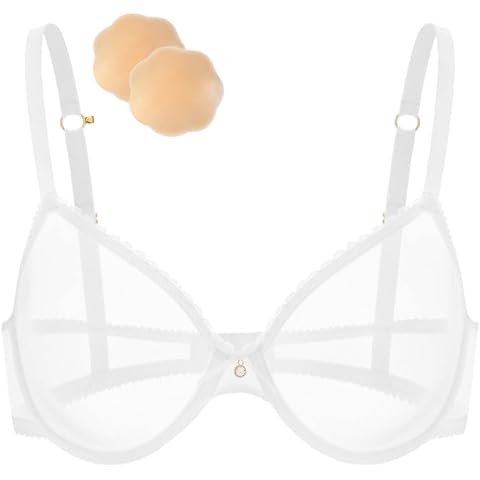 WingsLove Women's Lace Sexy Bra Underwired Sheer Mesh Non Padded Everyday Bra with Nipple Covers White Cover