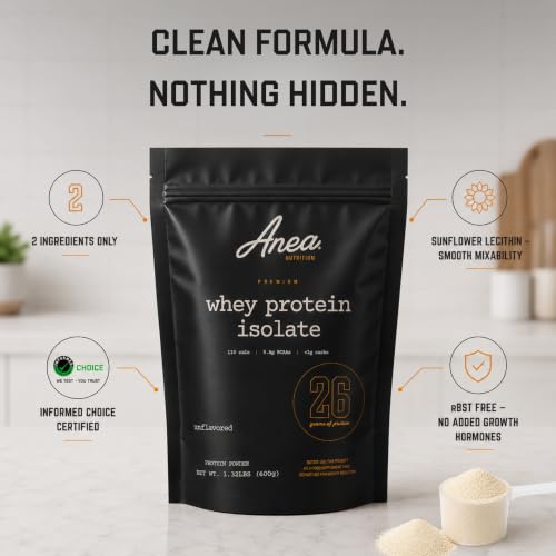 Image of Anea Protein Powder, Whey Isolate Protein Powder, Whey Isolate, 5.8g BCAAs, RBST Free, Gluten Free, Soy Free, No Fillers, No Artificial Sweeteners, Unflavored, 26g Per Serving, 20 Servings