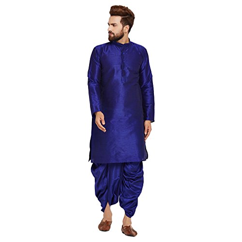 Image of SOJANYA (Since 1958 Men's Off-White and Gold Dupion Silk Dhoti Kurta Set