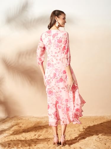 Image of Miss Chase Women's Multicolored Black Floral V-Neck 3 /4 Sleeve Wrap Chiffon Midi Dress