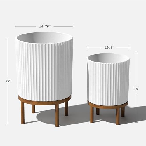 Image of Veradek Demi Series Raised Duo Planters - Set of 2 Planters with Stands | Made From a Durable Plastic-Stone Composite & Comes With Wooden Stand. Modern Porch /Patio Decor
