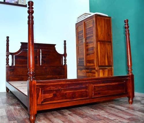 Image of Wudniture Solid Sheesham Wood 6x4 Poster Bed Without Storage | Wooden Single Bed Cot for Home, Bedroom & Hotel | Premium Finish