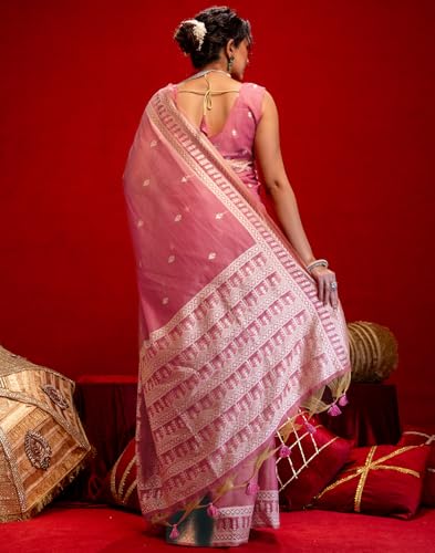 Image of SIRIL Women's Cotton Weaving Tassels Saree With Unstitched Blouse Piece