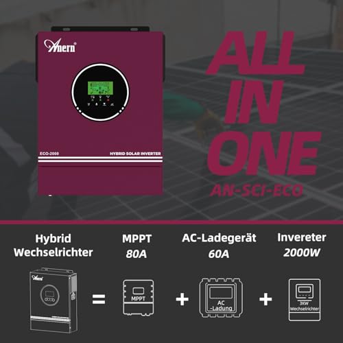 Anern 2000W Hybrid Wechselrichter Solar 12VDC auf 220V/230VAC mit Solarregler 80A, Reiner Sinus Wechselrichter PV 30~400 V, für 12V Lithium Batterien