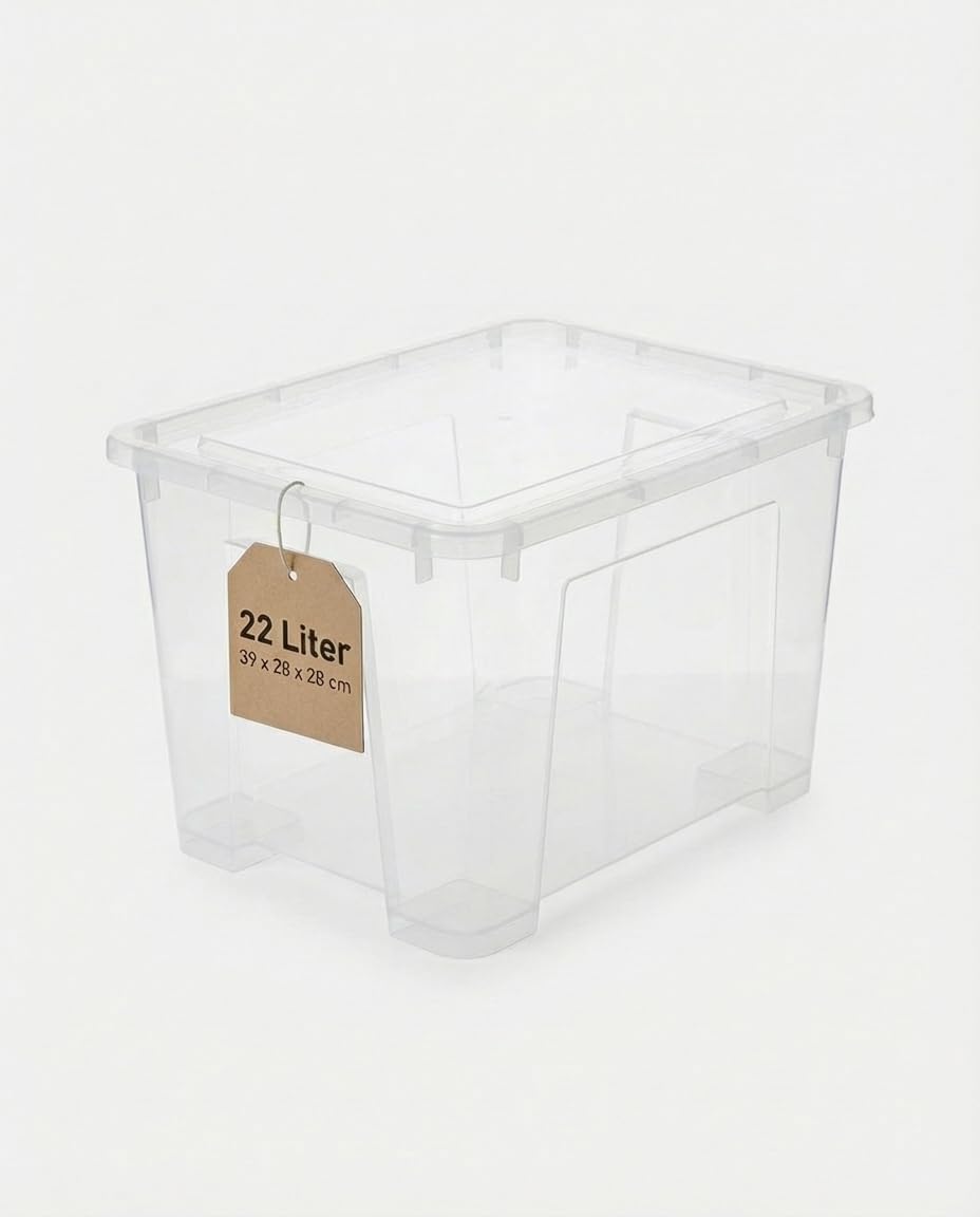 Storage Box 22 Litres with Lid - Stackable Transparent Box with 39 x 28 x 28 cm - Plastic
