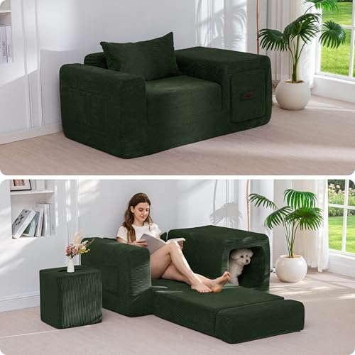 Image of MAXYOYO Folding Sofa Couch, Convertible Floor Sofa with Armrest, Multifunctional Sofa with Pillow and Pockets, Boneless Couch for Living Room, Dark Green