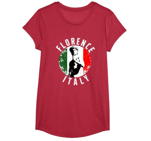 Vintage David Sculpture in Florence Tuscany with Italy Flag T-Shirt, Girls, Red Heather, X-Small