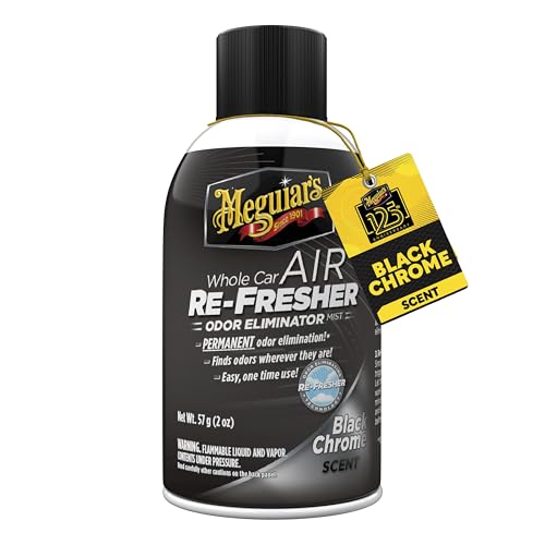 Meguiar's Refrescante de ar para todo o carro, spray eliminador de odores de carro elimina permanentemente odores indesejados de veículos em todo o seu interior, aroma de cromo preto, recipiente de