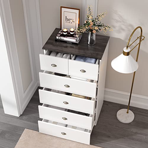 Anjiaqianmo 6-Drawer Dresser, Wood Storage Dresser Cabinet With 2-Top Chest Of Drawers, White & Dark Gray #TOP2