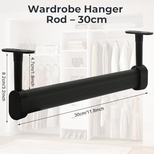 Image of HASTHIP Wardrobe Hanger Rod - 30cm Adjustable Heavy Duty Aluminum Closet Rod Wardrobe Rods for Hanging Clothes Adjustable Spacing Design, with Pre-punched Mounting Plates & Screws