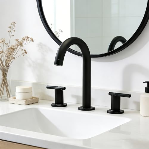 Matte Black Bathroom Faucet 3 Hole, VAPSINT 8 Inch Widespread Black Bathroom Sink Faucet, 2 Handle Modern Bathroom Faucets for Vanity Lavatory RV Restroom with Pop Up Drain & Supply Hoses by VAPSINT - Used condition - Image 2
