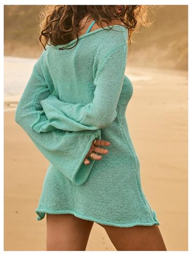 Women's Off Shoulder Knit Beach Dress See Through Long Sleeve Swimsuit Coverups Dresses Beachwear2