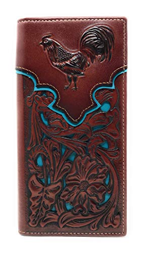 Western Genuine Leather Rooster Tooled Laser Cut Men's Long Bifold Wallet in 4 colors (Brown/Turquoise)