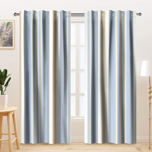 Kzzfqxb Cortinas Modernas de 132x214cm 2 Paneles, Colores Combinados de Rayas Azules y Blancas Amarillo Estilo nórdico para Ventana para Sala de Estar, Dormitorio, Uniforme Azul Marino
