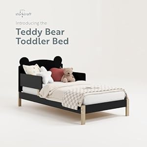 Storkcraft teddy bear toddler bed black with driftwood greenguard gold certified includes toddler safety guardrails fits standard crib toddler mattress stylish 2 tone design  urban country home decor