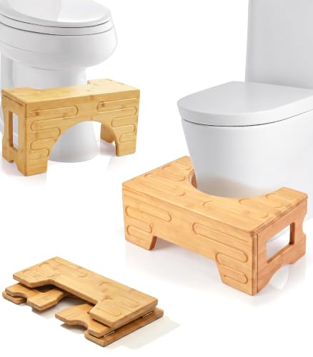Image of Foldable Toilet Stool-Squat Stool for Bathroom,Bamboo Potty Stool for Toddler,Teens & Adults,Adjustable 7 inch & 9 inch Heights Flip Design,Compact Space-Saving Poop Stool for Small Bathroom (Natural Color)