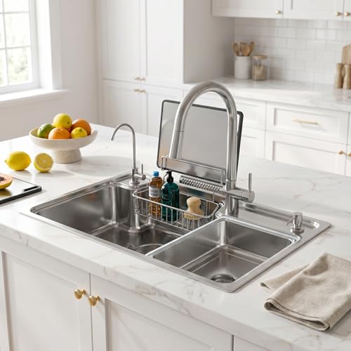 Image of InArt 304 SS Multi-Function Kitchen Sink with Pull-Down Tap | Anti-Scratch Bowl | With Soap Dispenser, Drinking Water Tap, SS Cutting Board, Strainer Basket & Full Drain Pipe Set | 75x46x25.5 CM