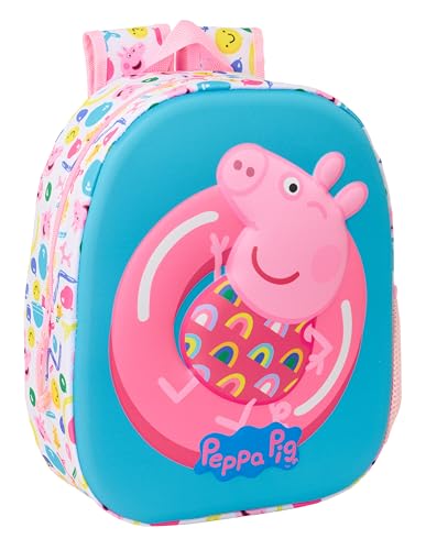 PEPPA PIG 3D – Zaino scolastico, con design 3D, adattabile al carrello, ideale per bambini di diverse età, comodo e versatile, qualità e resistenza, 27 x 10 x 33 cm, Bianco, rosa, blu, M, Casual