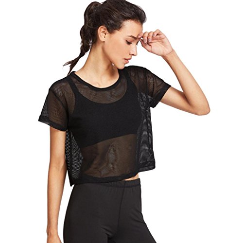 Femmes Filles Sportwear Manche Courte Engrener Cover Up Sports Blouse Transparent T-Shirts Running Yoga Sport Tops Meshed Haut Danse Fitness Manches Courtes Ba Zha Hei (S)