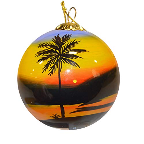 Hand Painted Glass Christmas Ornament - Sunset Palm w/Sea Gulls Cayman Islands