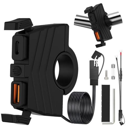 HAOQUOOU Motorcycle Phone Charger,Waterproof Dual USB Fast Charge Motorcycle Charger, 30W PD Type-C + 18W QC3.0 USB-A, with On/Off Switch, Compatible with Mobile Phones/Tablets/GPS and Other Devices