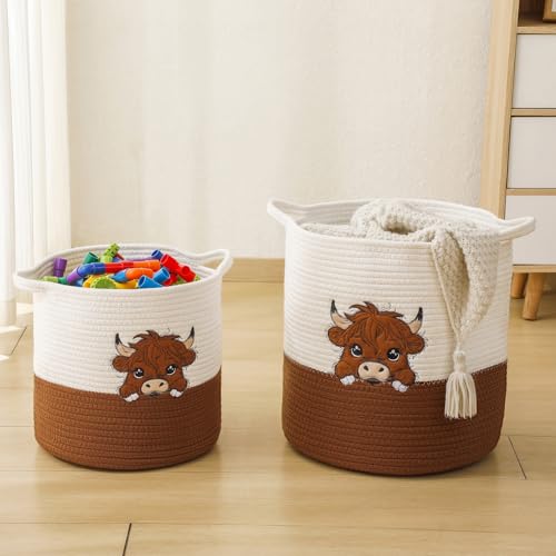 Image of Large Blanket Baskets for Living Room, Highland Cow Storage Baskets for Toys Organizer Woven Cotton Rope Basket for Kids, Clothes Hamper with Embroidery Highland Cow Decor for Nursery Laundry