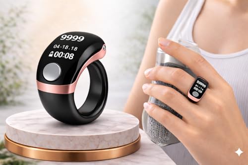 Image of Digital Counter for Chanting Mantra | Naam Jap Counter Finger Ring | Jap Counter Finger with OLED Display (Code S7), Type-C Rechargeable Tally Counter for Mantra, 180 Rotation (Rose Gold)