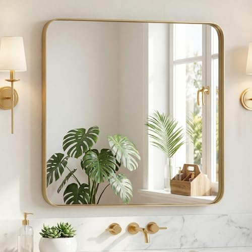 Image of NEWBULIG 30 inchx30 inch Gold Wall Mirror, Bathroom Mirrors for Over Sink, Matte Metal Framed Vanity Mirror with Tempered Glass, Entryway, Living Room, Bedroom