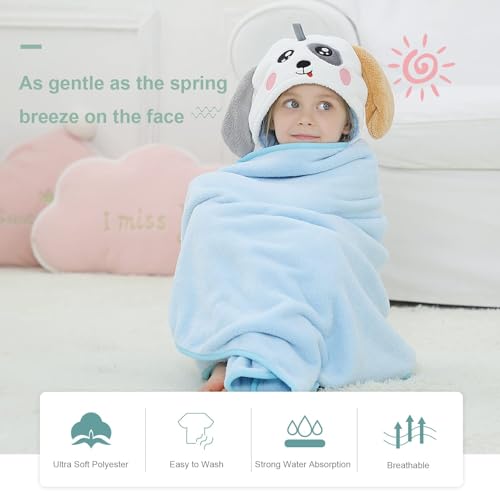 Image of MICHLEY Cartoon Hooded Baby Towel Unisex, Premium Soft Swimming Bathrobe Large Washcloths 31.5 inch x 53 inch for 0-9T (Blue Dog)