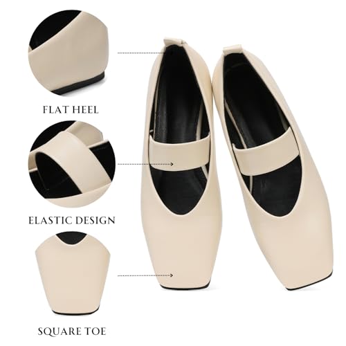 Uacllcau Ballet Flats Shoes for Women Square Toe Mary Jane Shoes Flat Women Comfortable Dressy Casual Slip On Ballerina Mesh Flats with Elastic Strap Beige4