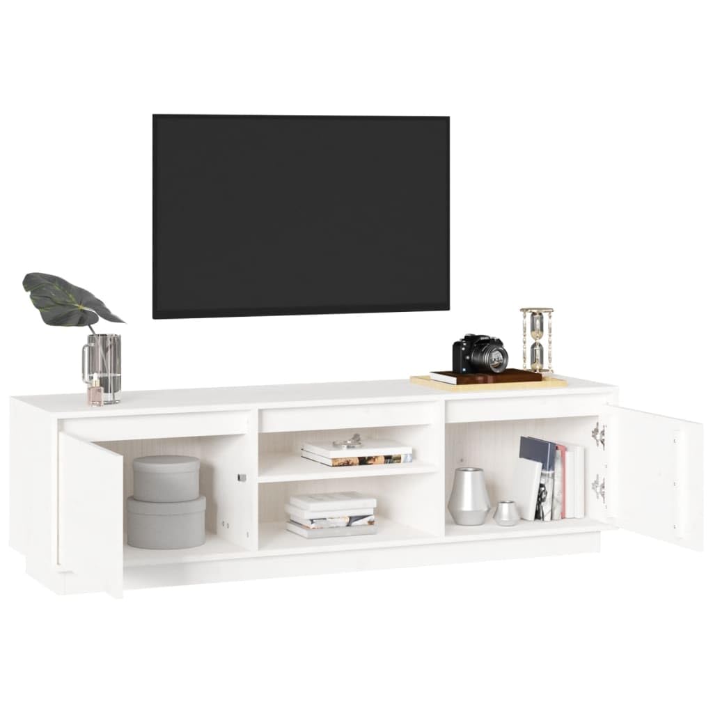 Szafka pod telewizor, biała, 140 x 35 x 40 cm, sosna z litego drewna, stojak pod telewizor do salonu, pokoju rozrywkowego, biura, nowoczesna jednostka rozrywkowa