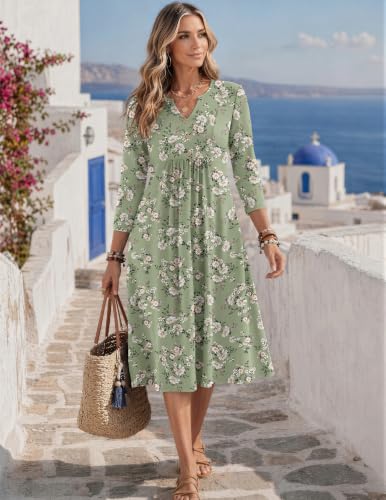 Image of Zeagoo Womens Dresses 3 /4 Sleeve Casual Fall A Line Midi Dress with Pockets